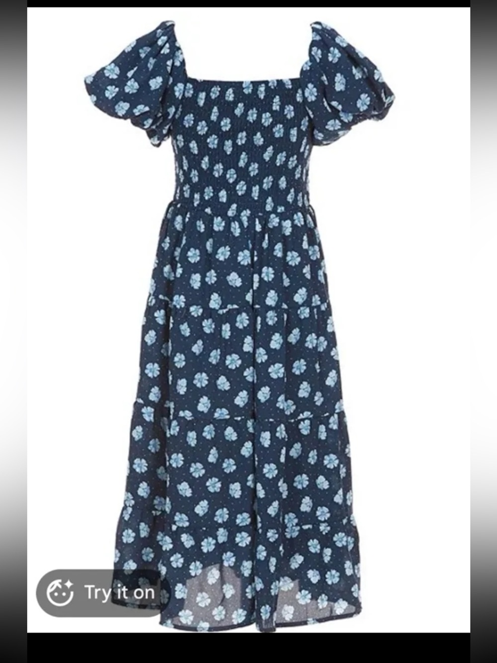 Crystal Doll Cottagecore Blue & White Floral Smocked Tiered Dress size Large - Picture 5 of 12